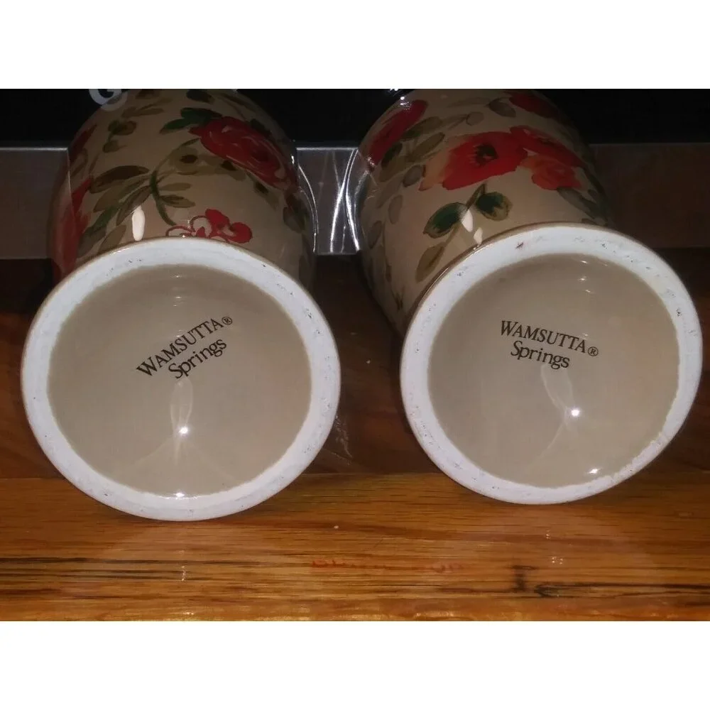 2 Lenox Bathroom Tumblers Wamsutta Springs Floral glazed Ceramic taupe beige